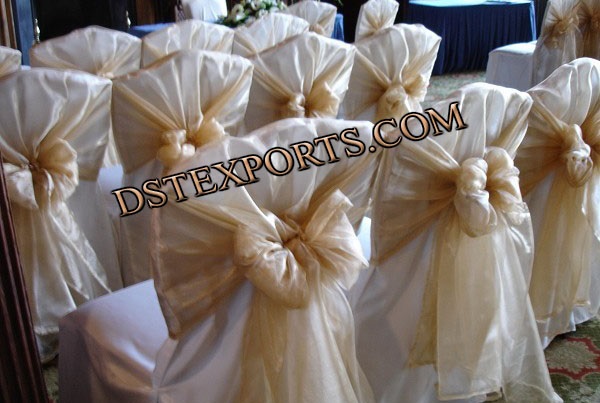 WEDDING CHAIR COVER WITH GOLDEN TIE BACK