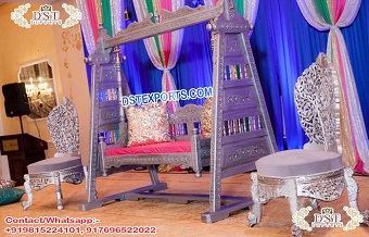 Sangeet Stage Silver Swing and Chairs Set